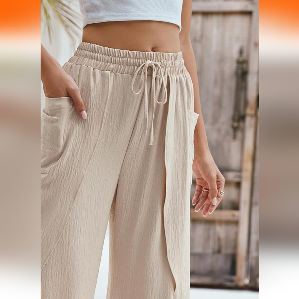 B Beige Split-Leg Pants XL| Boho Resort Style Wide Leg | Coastal Minimalist - Picture 3 of 11